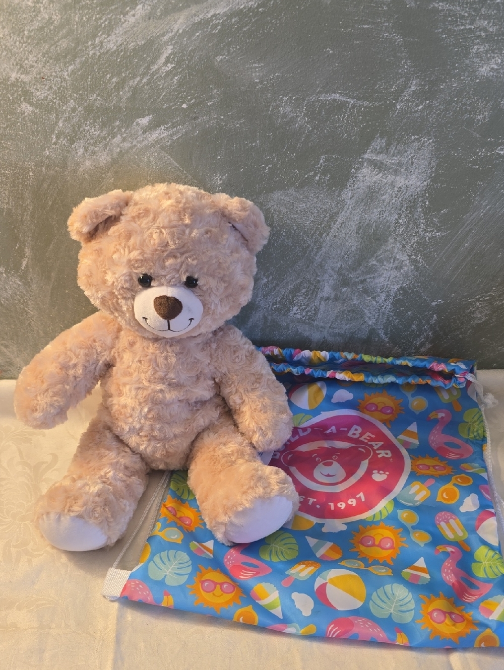 Build-A-Bear Cream Plush Teddy with Colorful Drawstring Bag